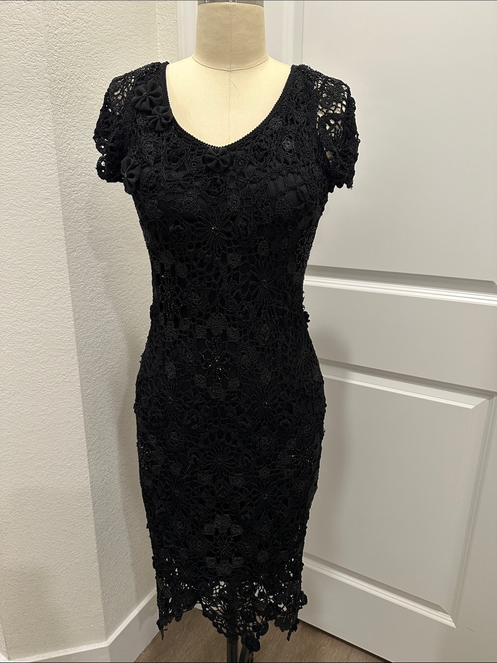 Black Floral Crochet Sheath Dress - Ladies
